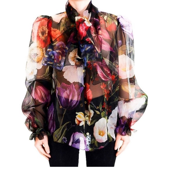 Floral Sheer Blouse - Black, Red, Purple - Picture 1 of 4